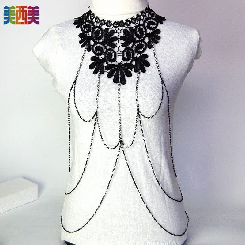 Meimei Body Chain Jewelry Black Lace Multi Layer