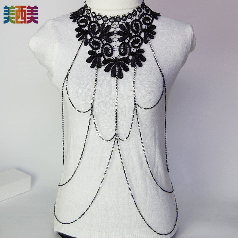 Meimei Body Chain Jewelry Black Lace Multi Layer