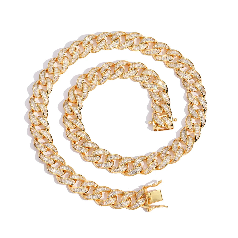 12Mm 18K Gold Tone Cuban Chain Set Baguette