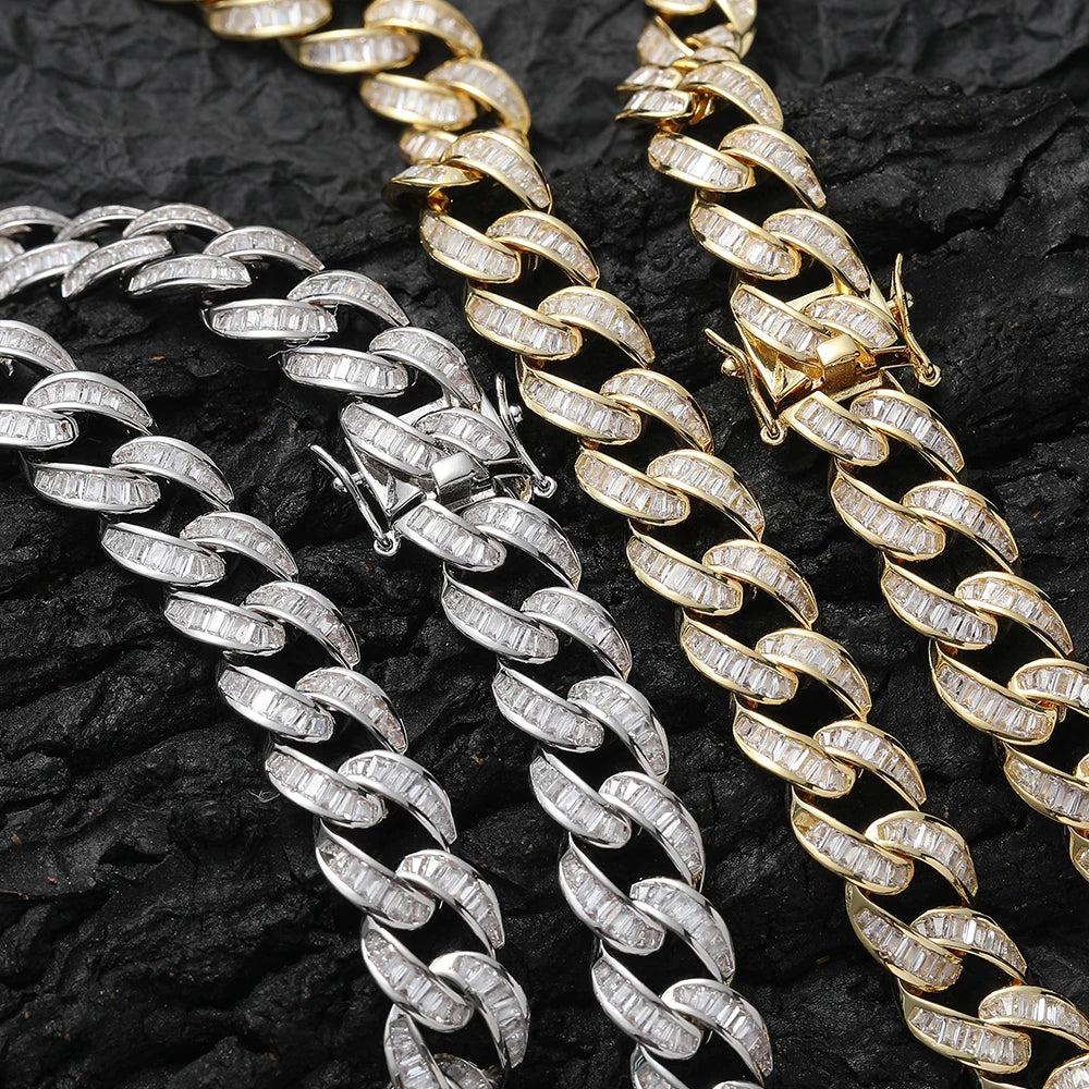 12Mm 18K Gold Tone Cuban Chain Set Baguette
