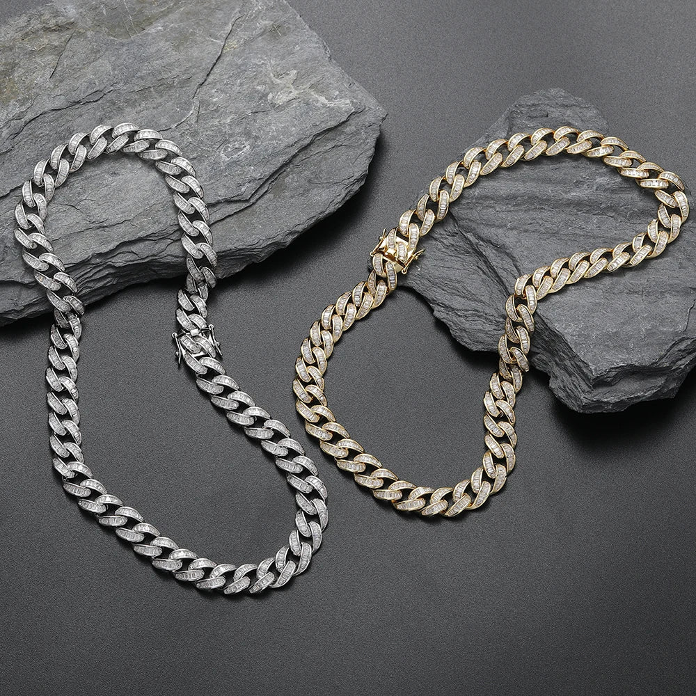 12Mm 18K Gold Tone Cuban Chain Set Baguette