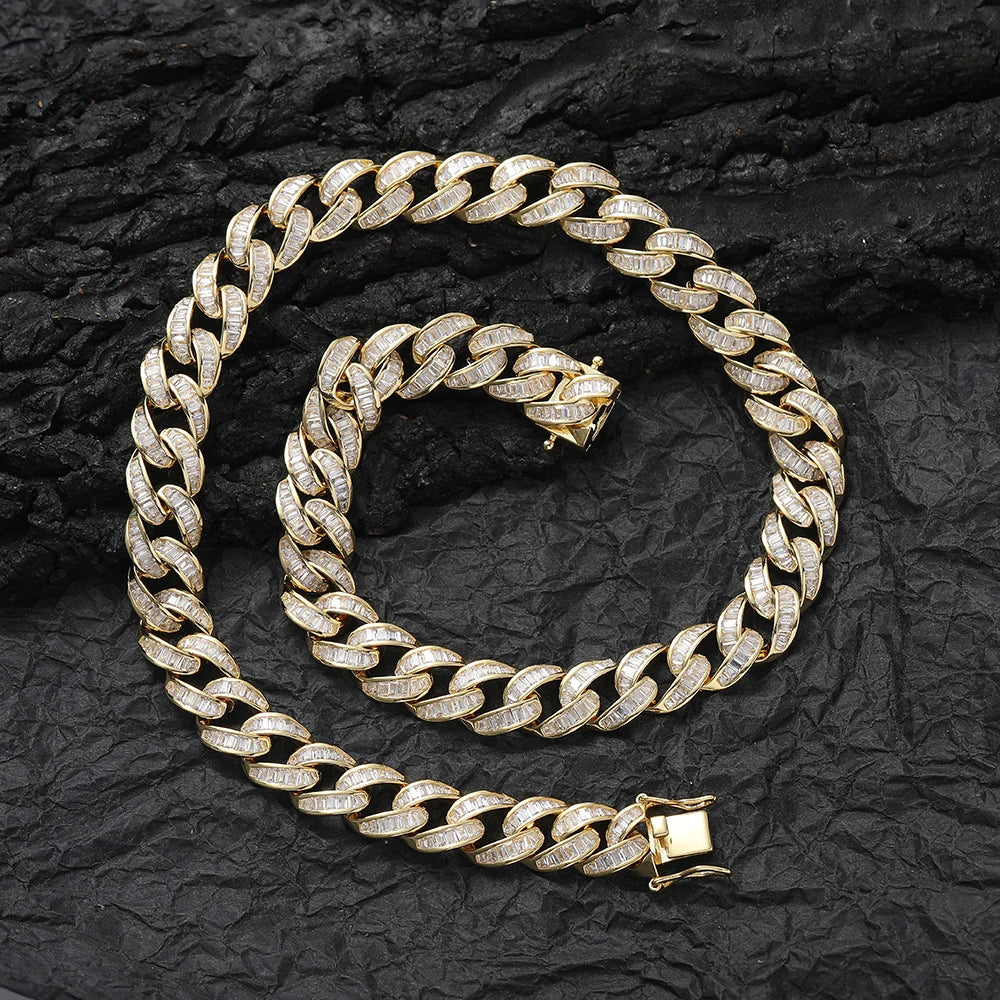 12Mm 18K Gold Tone Cuban Chain Set Baguette