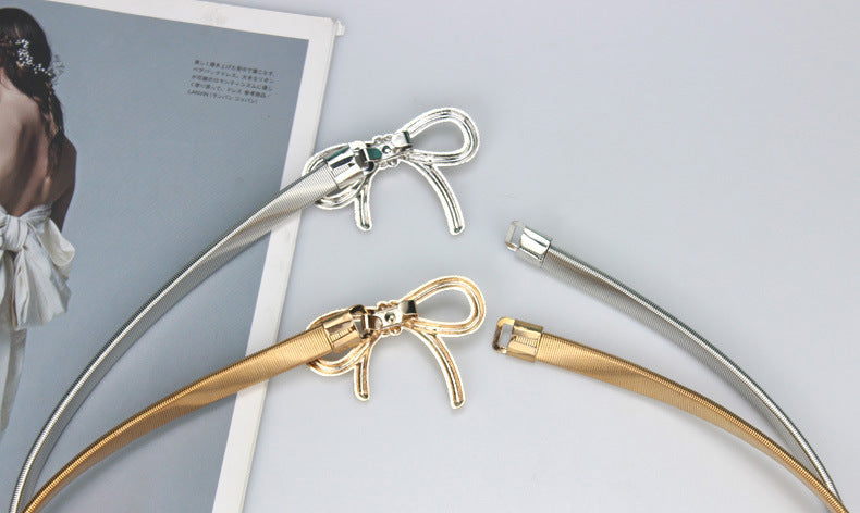 Simple Elegant Bow Elastic Thin Belt Metal Waist