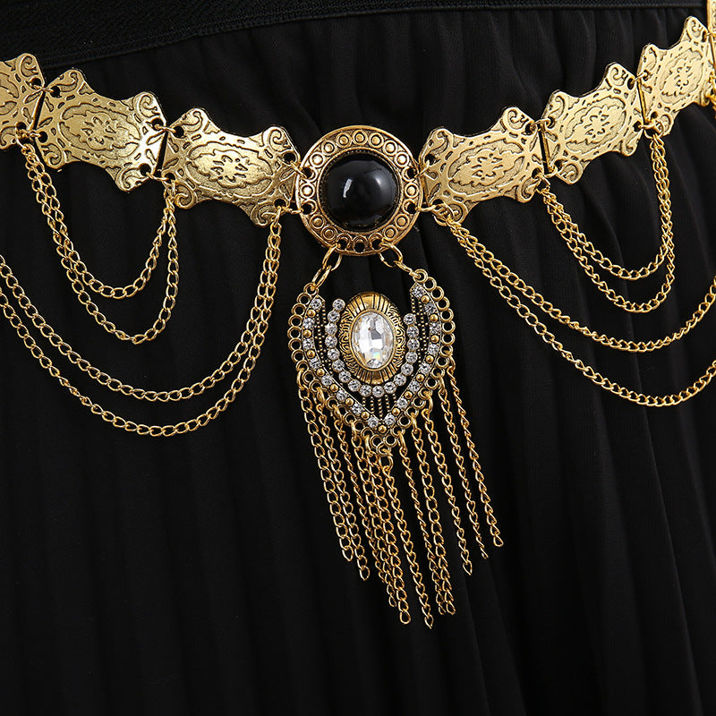 Ethnic Style Turquoise Metal Waist Chain Retro Tassel