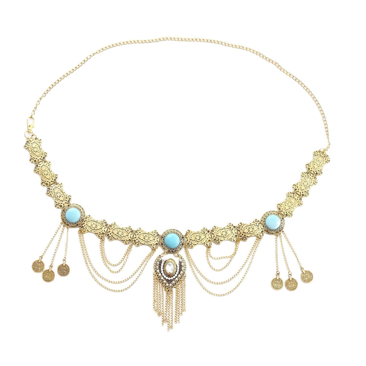 Ethnic Style Turquoise Metal Waist Chain Retro Tassel