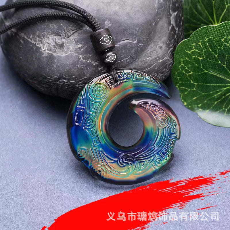 Hollow Out Safety Buckle Jade Pendant Sweater Chain