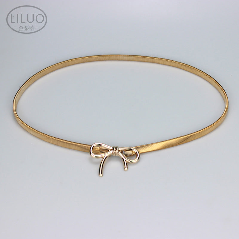 Simple Elegant Bow Elastic Thin Belt Metal Waist