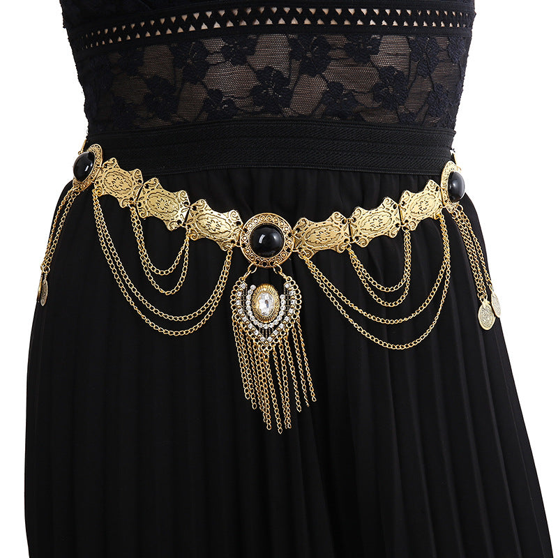 Ethnic Style Turquoise Metal Waist Chain Retro Tassel