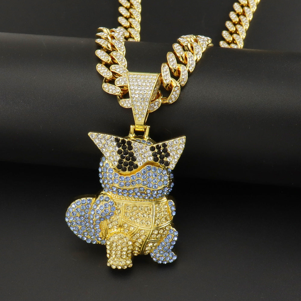 Diamond Encrusted Cartoon Turtle Pendant Cuban Chain Necklace
