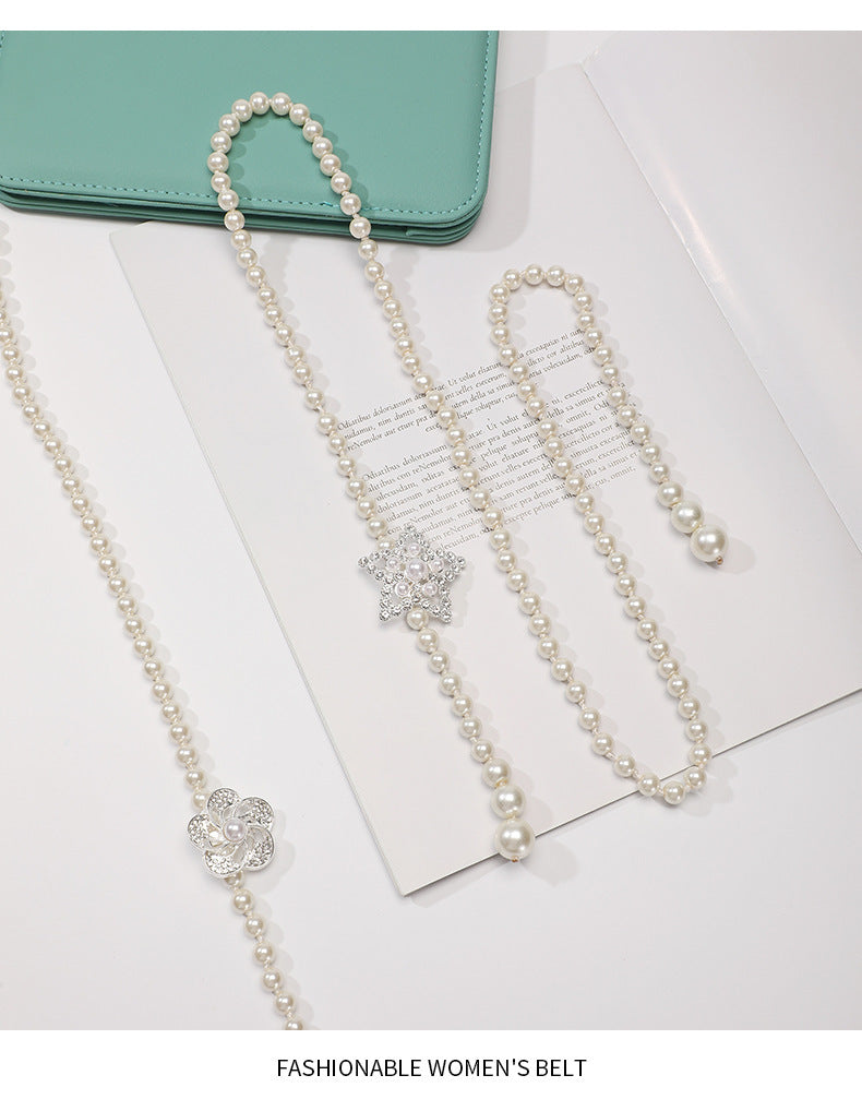 Tweed Style Pearl Waist Chain Decoration Summer Dress