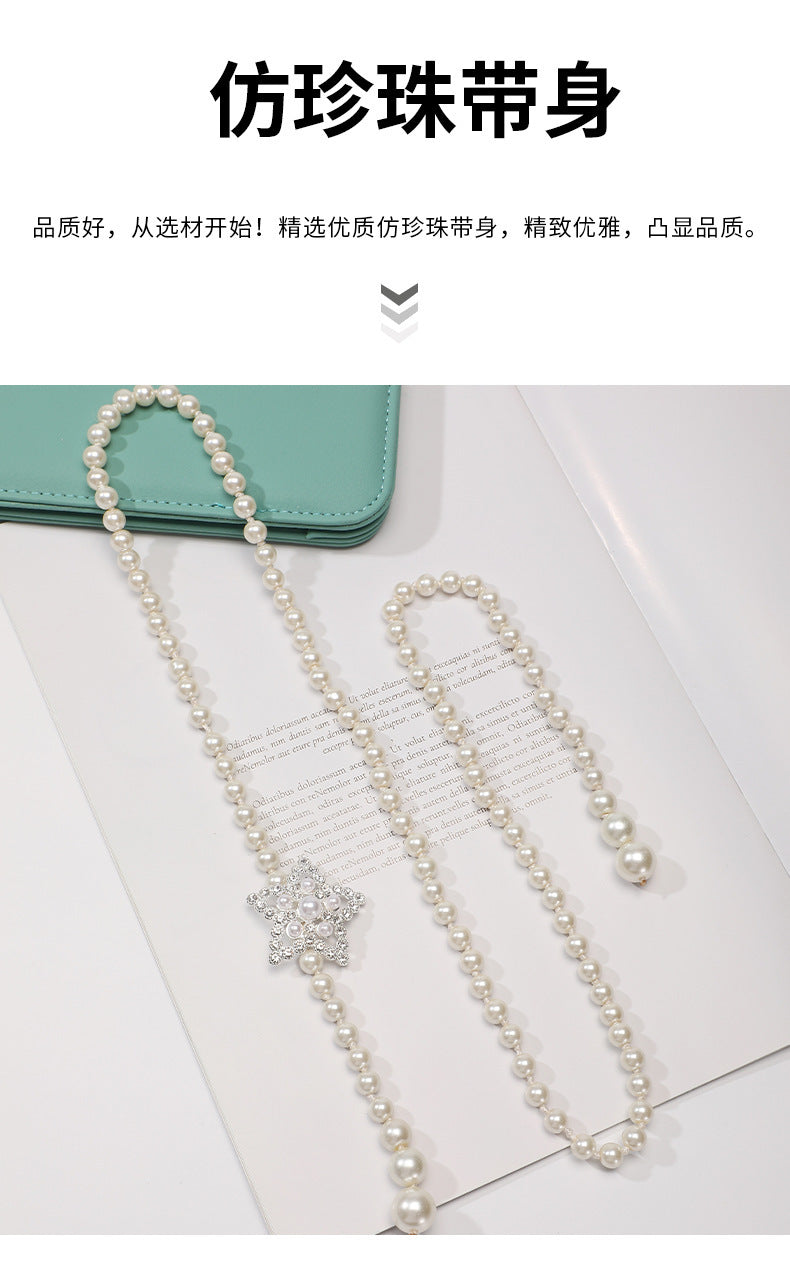 Tweed Style Pearl Waist Chain Decoration Summer Dress