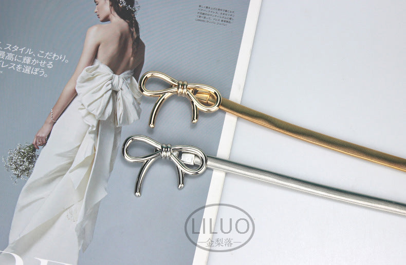 Simple Elegant Bow Elastic Thin Belt Metal Waist