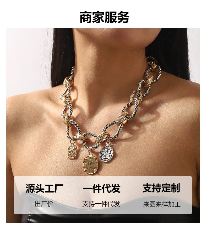 Retro Punk Color Blocked Metallic Necklace Za Hip