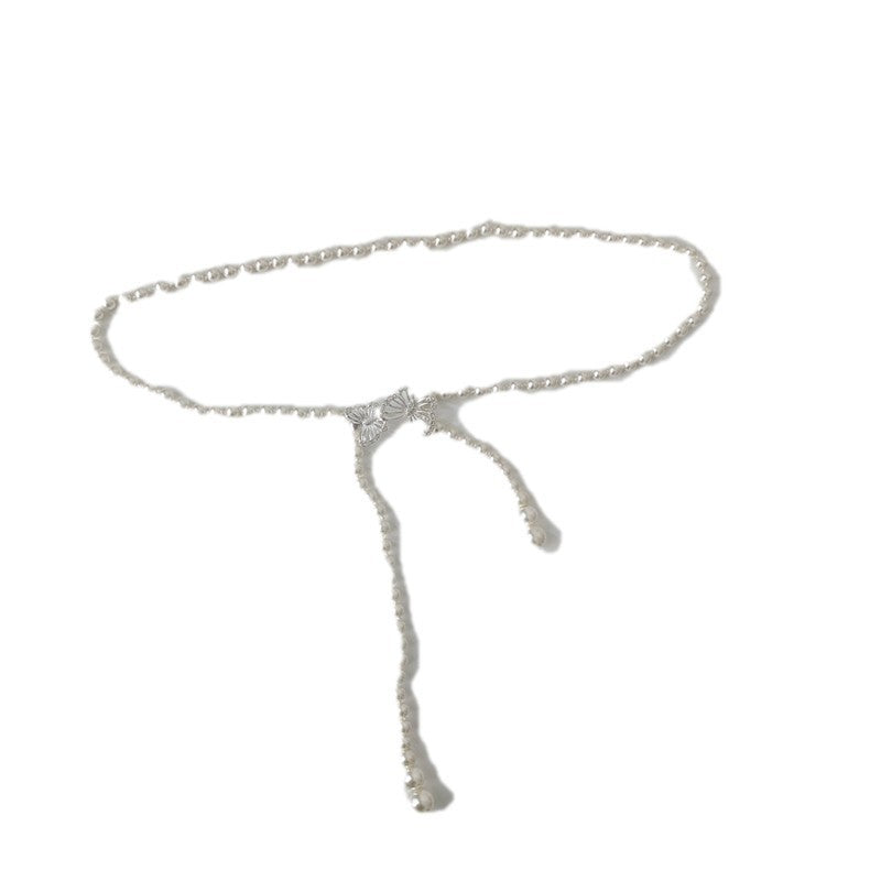 Tweed Style Pearl Waist Chain Decoration Summer Dress