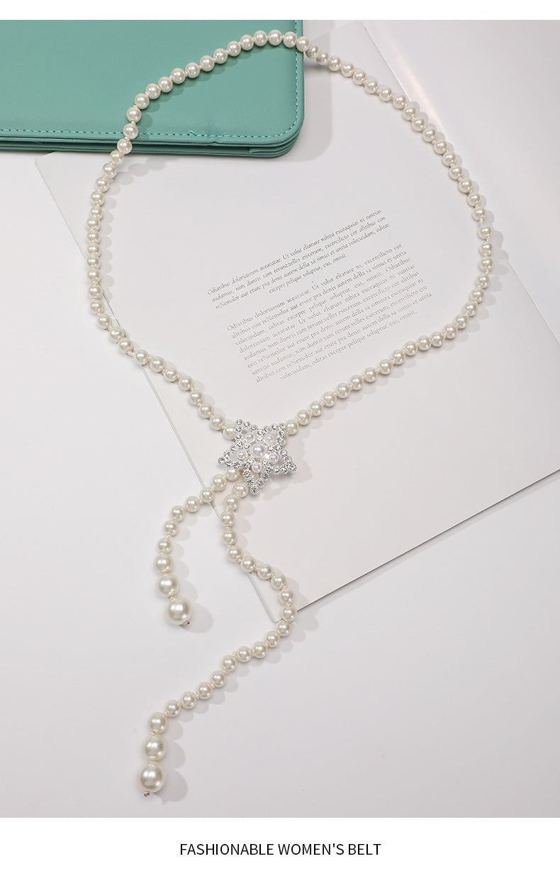 Tweed Style Pearl Waist Chain Decoration Summer Dress