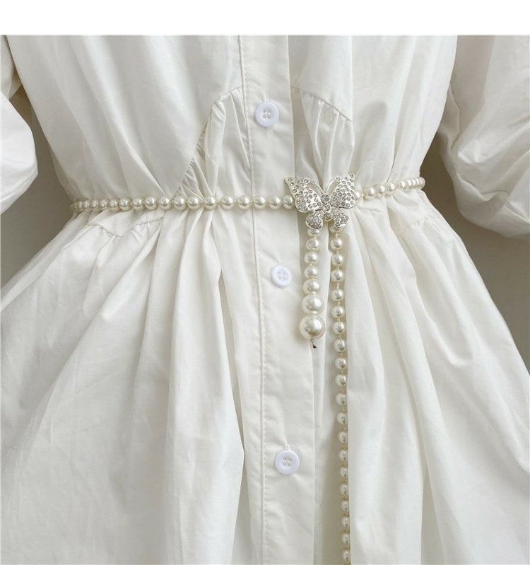 Tweed Style Pearl Waist Chain Decoration Summer Dress