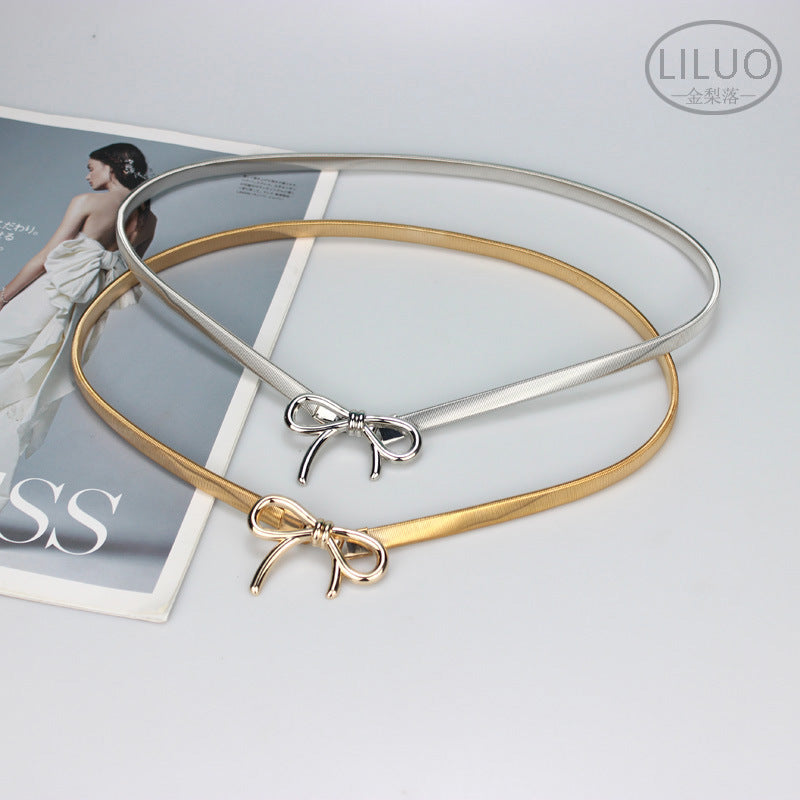 Simple Elegant Bow Elastic Thin Belt Metal Waist