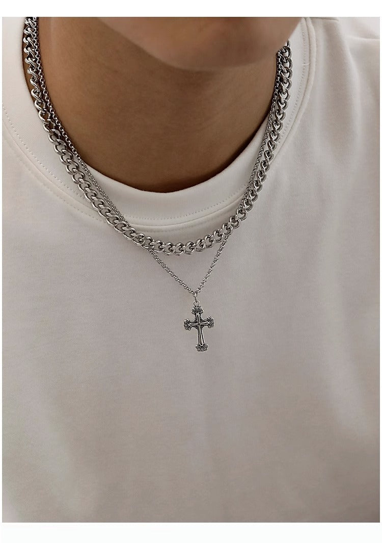 Cross Double Layer Cuban Necklace Men'S Accessible Luxury