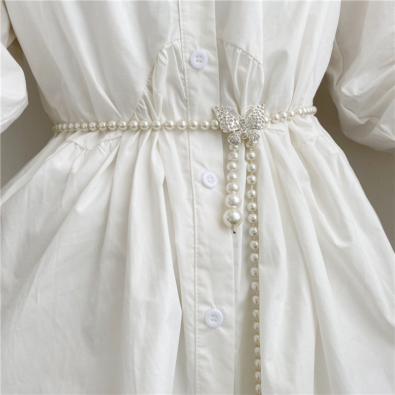 Tweed Style Pearl Waist Chain Decoration Summer Dress