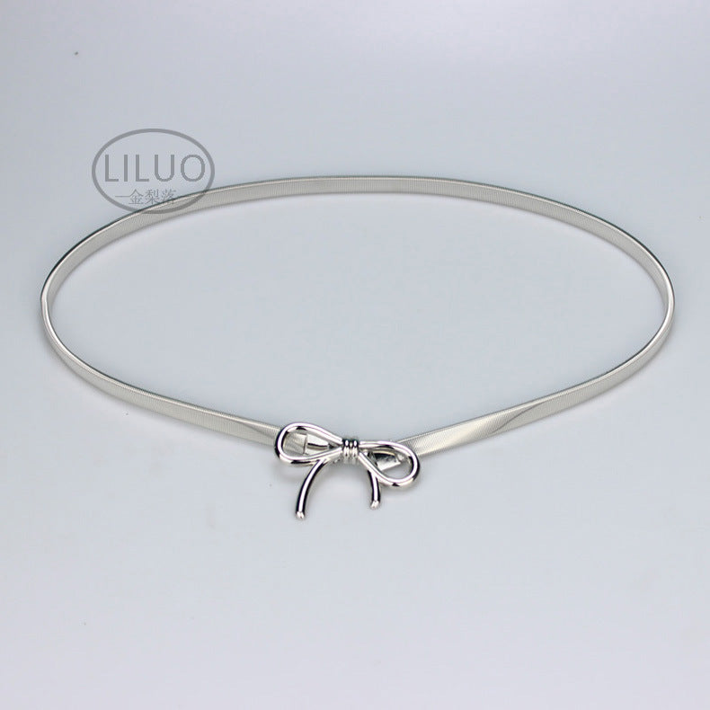 Simple Elegant Bow Elastic Thin Belt Metal Waist