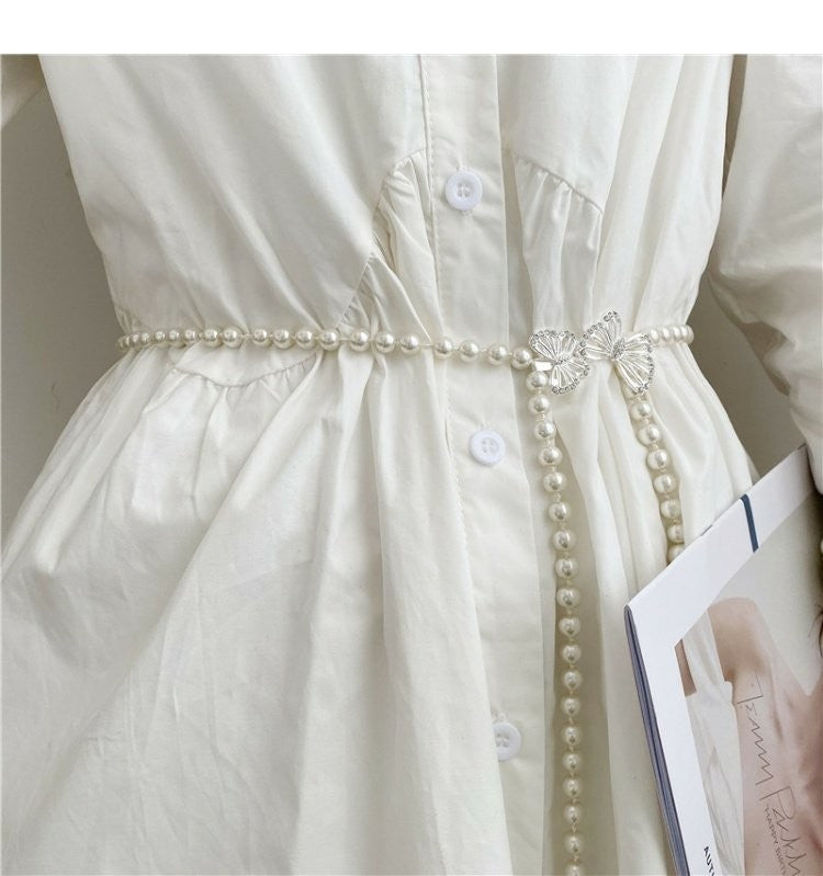 Tweed Style Pearl Waist Chain Decoration Summer Dress