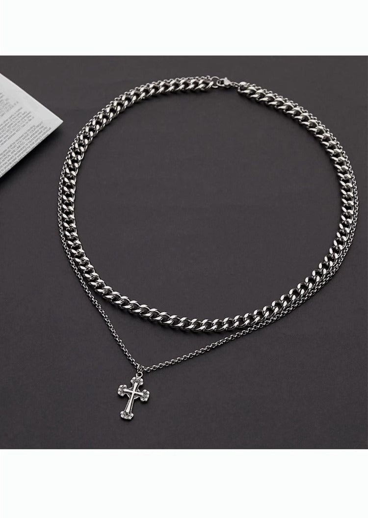 Cross Double Layer Cuban Necklace Men'S Accessible Luxury