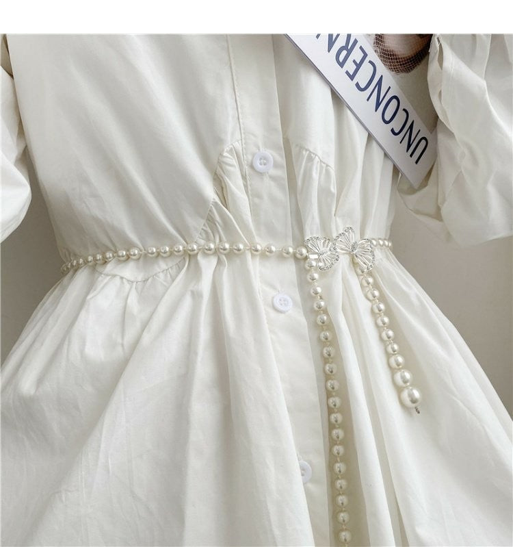 Tweed Style Pearl Waist Chain Decoration Summer Dress