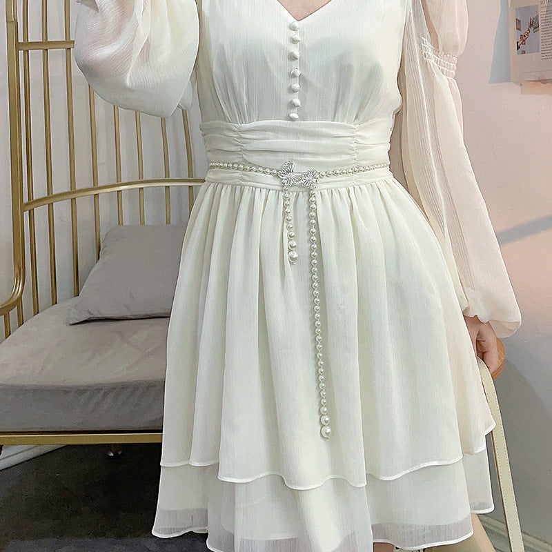 Tweed Style Pearl Waist Chain Decoration Summer Dress