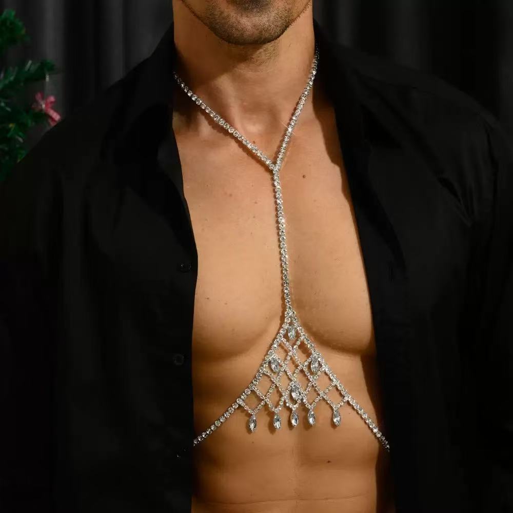Luxury Rhinestone Mesh Pendant Men Women Chest Chain