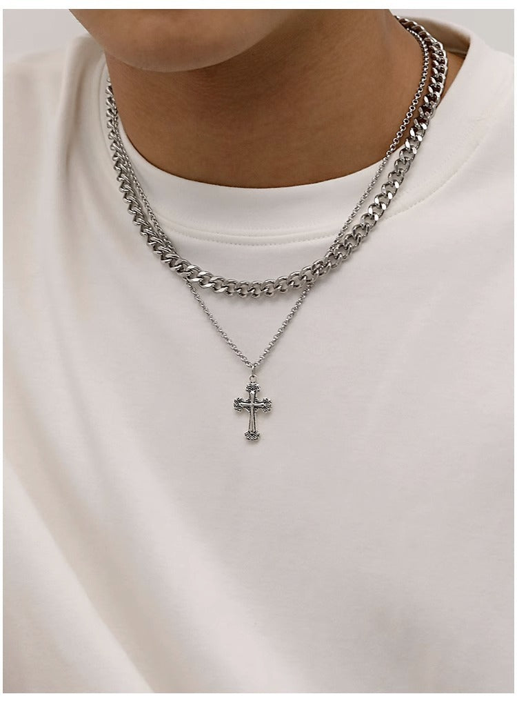 Cross Double Layer Cuban Necklace Men'S Accessible Luxury