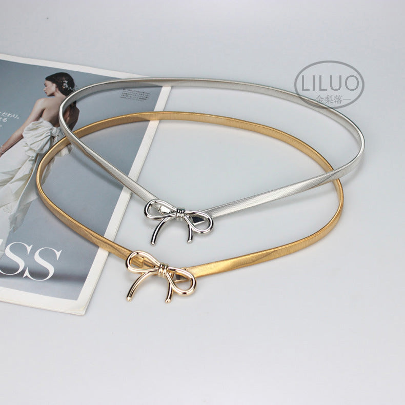 Simple Elegant Bow Elastic Thin Belt Metal Waist