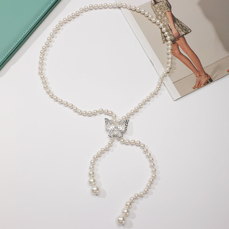 Tweed Style Pearl Waist Chain Decoration Summer Dress