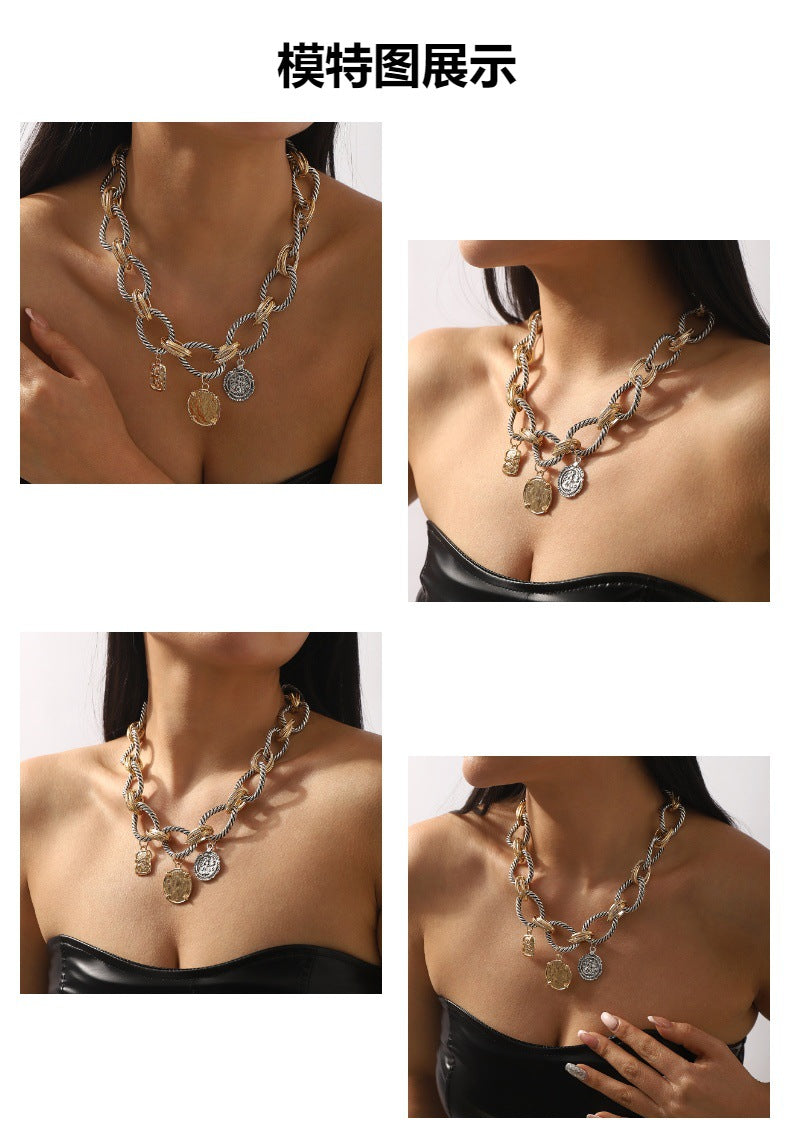 Retro Punk Color Blocked Metallic Necklace Za Hip