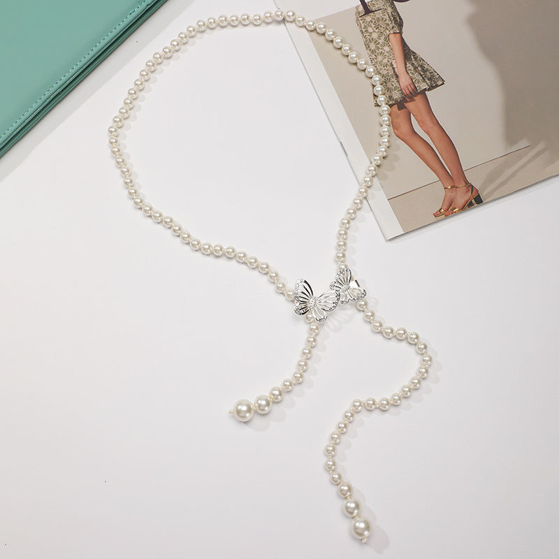 Tweed Style Pearl Waist Chain Decoration Summer Dress
