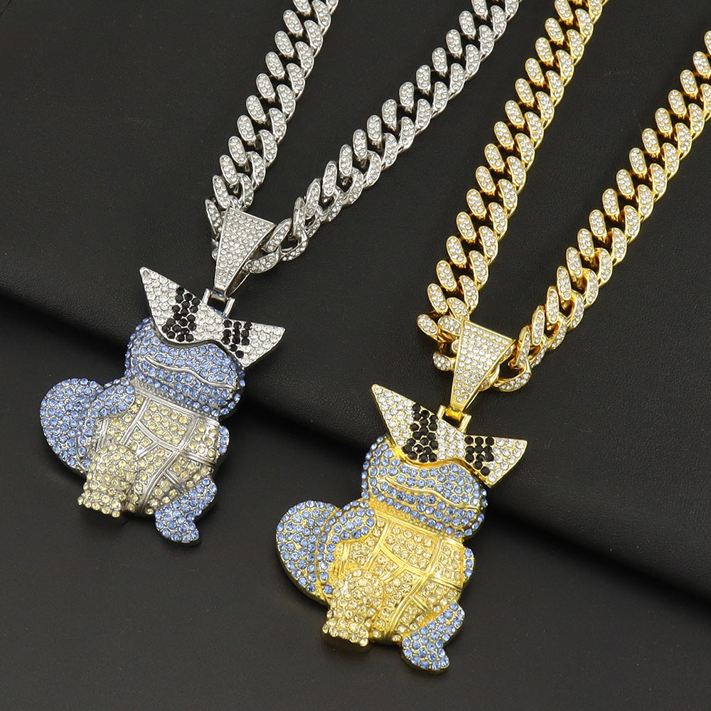 Diamond Encrusted Cartoon Turtle Pendant Cuban Chain Necklace