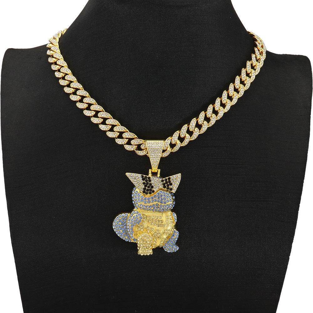 Diamond Encrusted Cartoon Turtle Pendant Cuban Chain Necklace