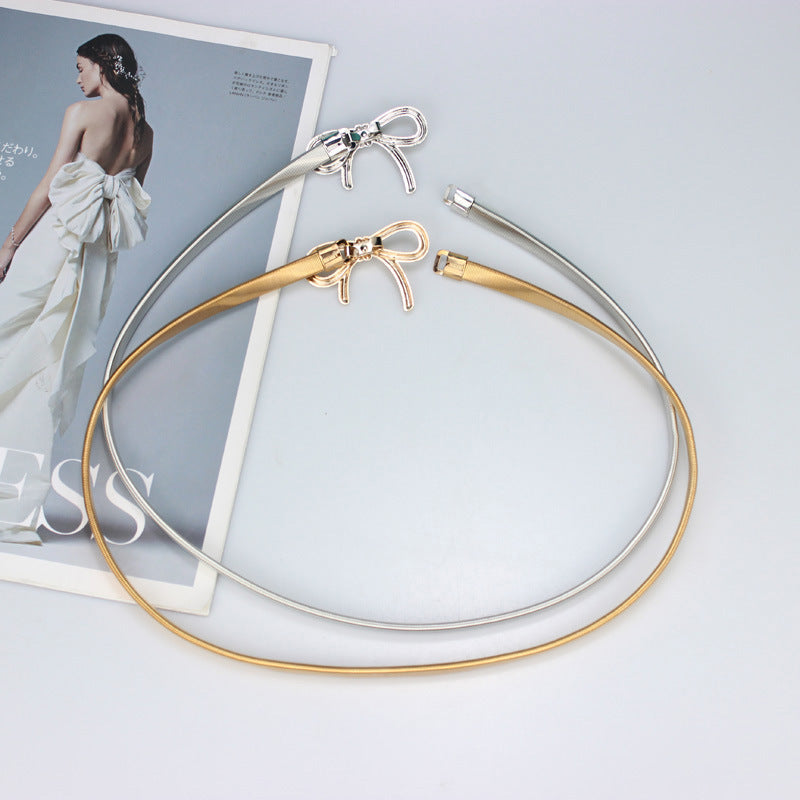 Simple Elegant Bow Elastic Thin Belt Metal Waist