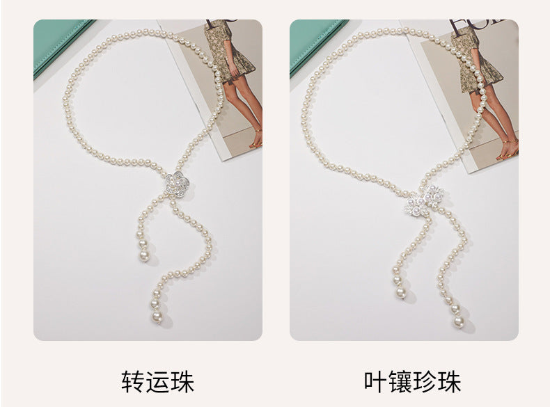 Tweed Style Pearl Waist Chain Decoration Summer Dress