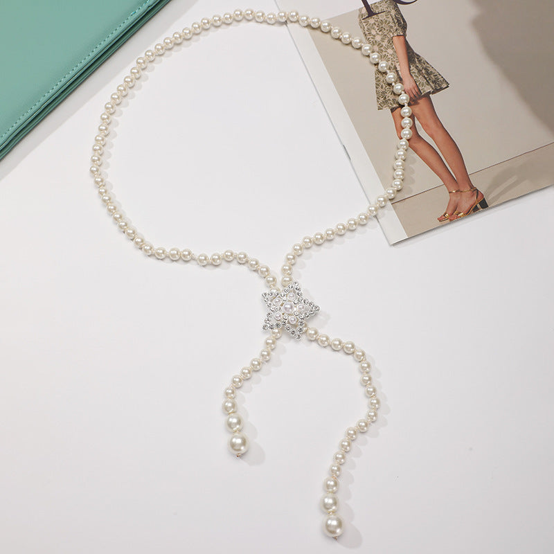 Tweed Style Pearl Waist Chain Decoration Summer Dress