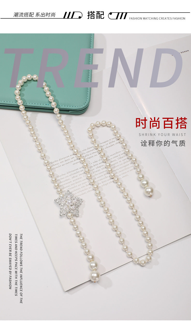 Tweed Style Pearl Waist Chain Decoration Summer Dress