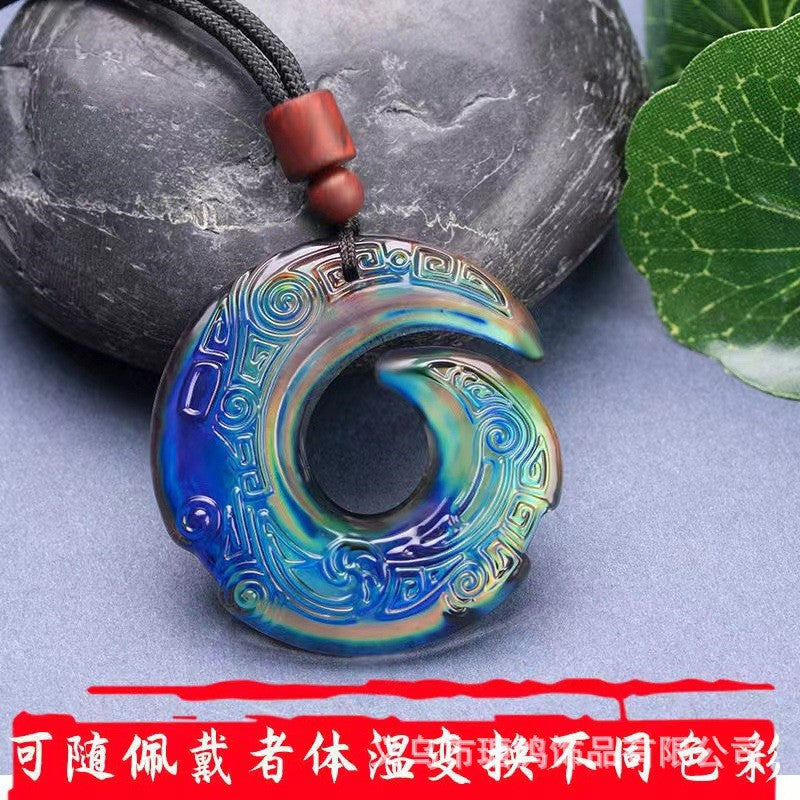 Hollow Out Safety Buckle Jade Pendant Sweater Chain