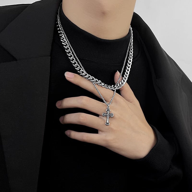 Cross Double Layer Cuban Necklace Men'S Accessible Luxury