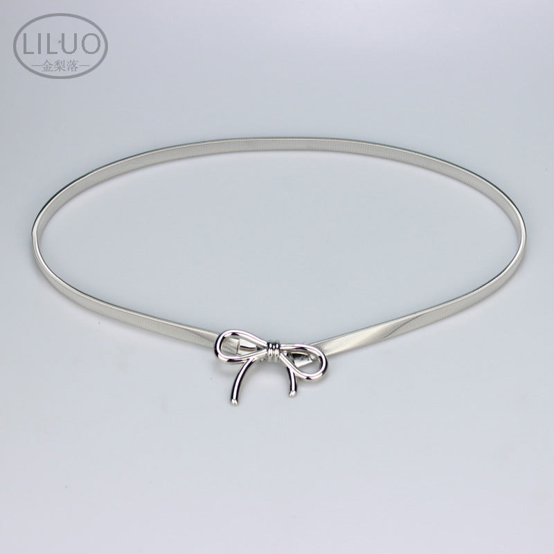 Simple Elegant Bow Elastic Thin Belt Metal Waist