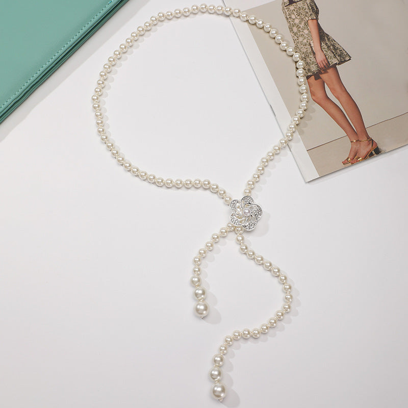 Tweed Style Pearl Waist Chain Decoration Summer Dress