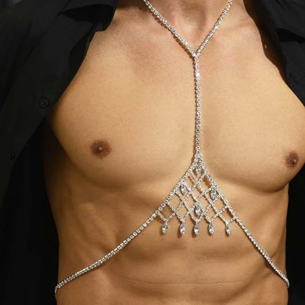 Luxury Rhinestone Mesh Pendant Men Women Chest Chain