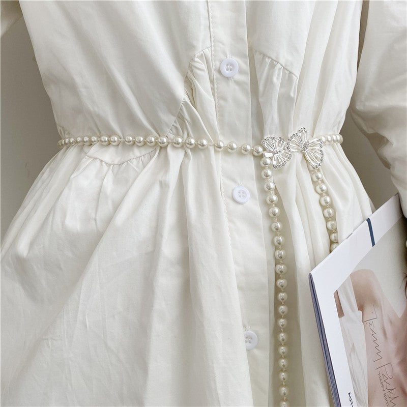 Tweed Style Pearl Waist Chain Decoration Summer Dress