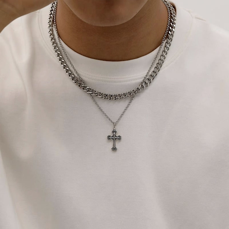 Cross Double Layer Cuban Necklace Men'S Accessible Luxury