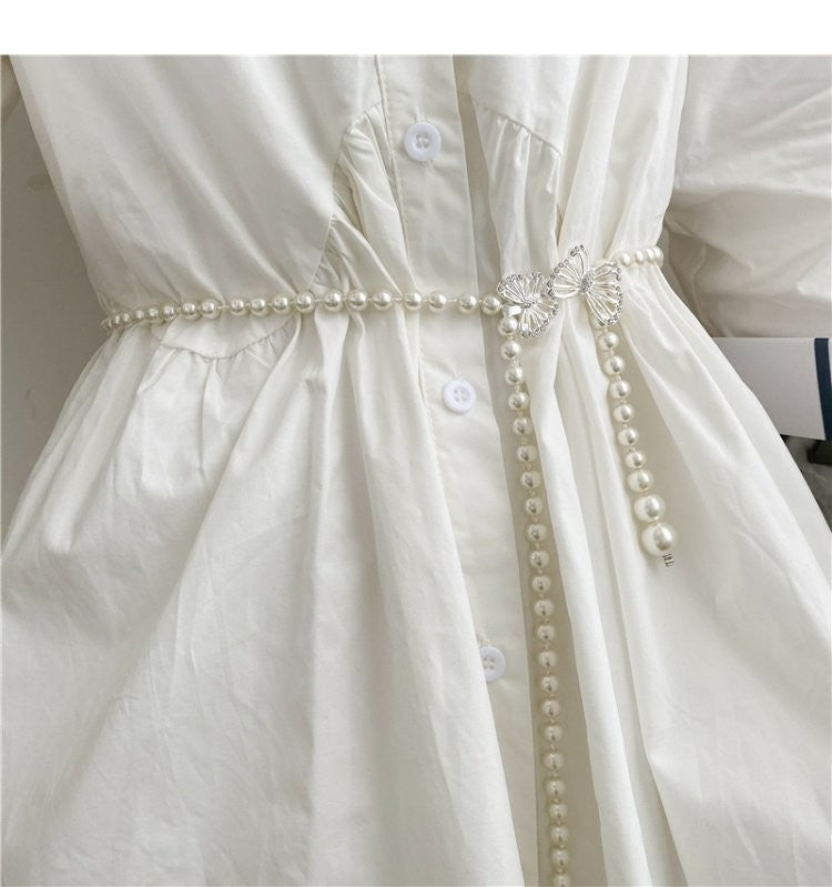 Tweed Style Pearl Waist Chain Decoration Summer Dress