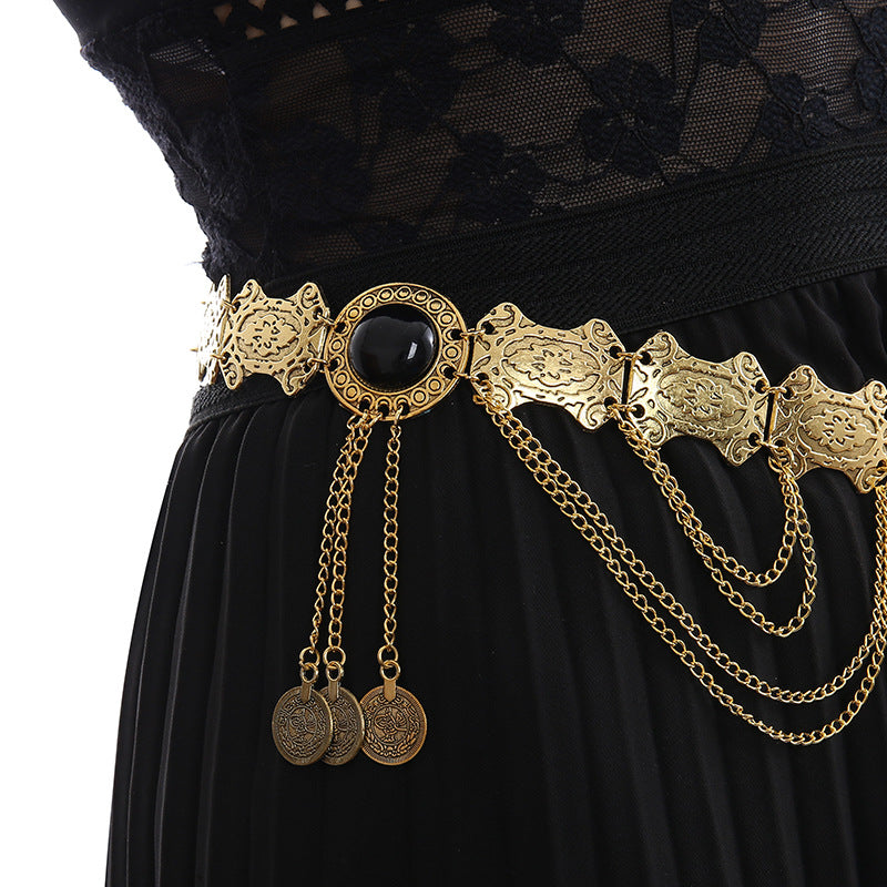 Ethnic Style Turquoise Metal Waist Chain Retro Tassel