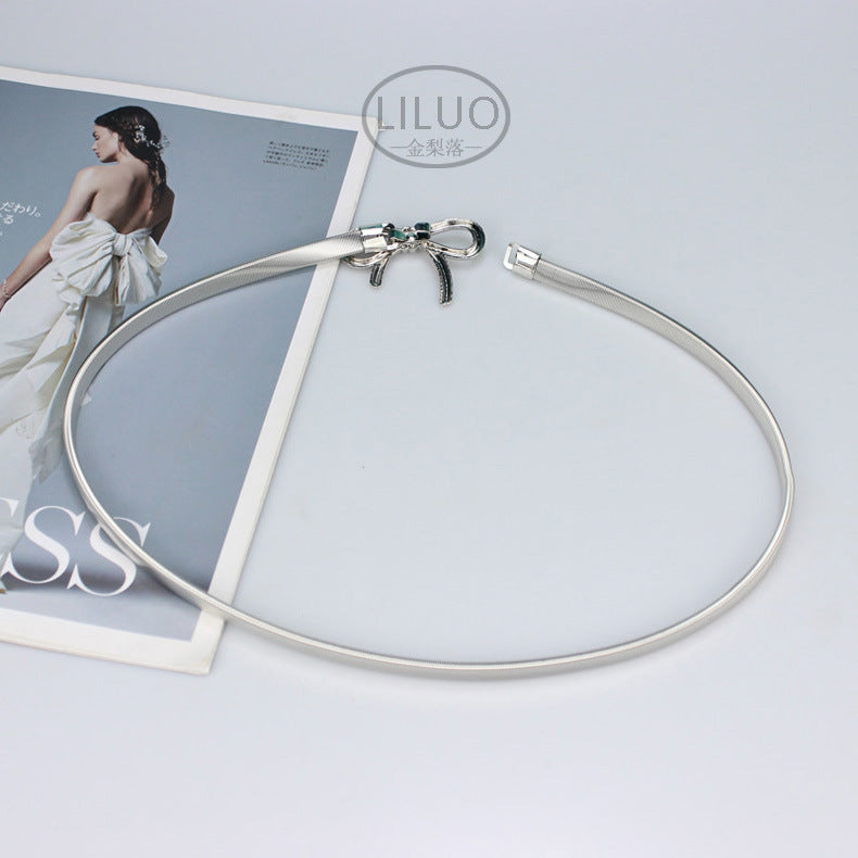Simple Elegant Bow Elastic Thin Belt Metal Waist